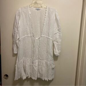 Blue Island Womens White Top S 40” Oversized Peasant Boho Textured Print Beach